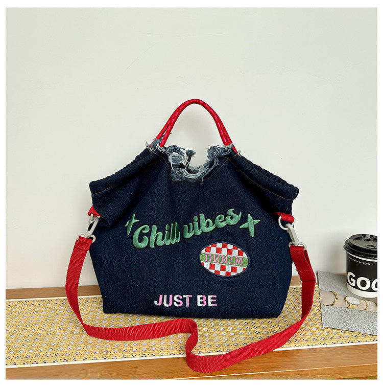 Women's Large Capacity Embroidered Denim Shoulder Bag