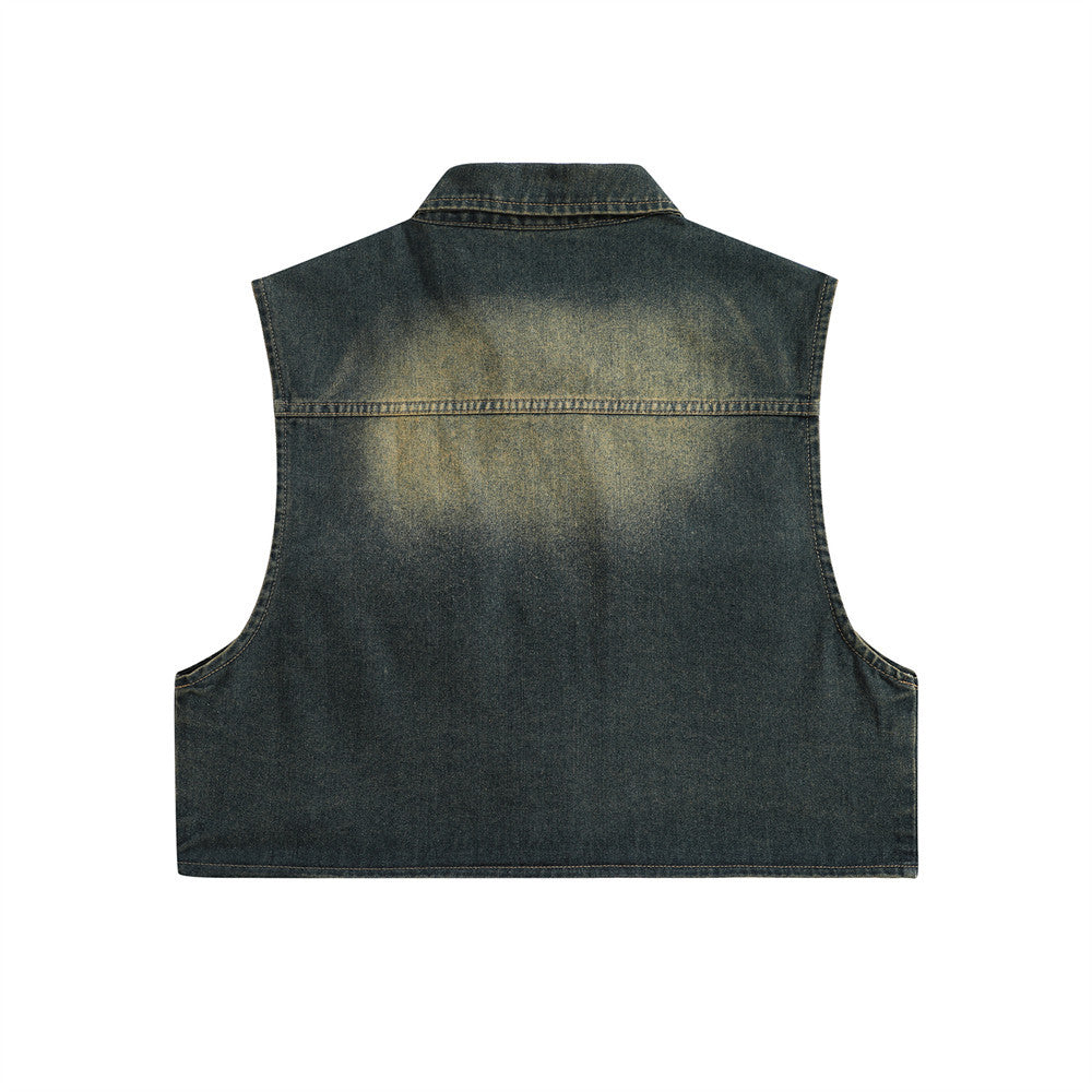Punk Distressed Inkjet Denim Frock Vest Men's
