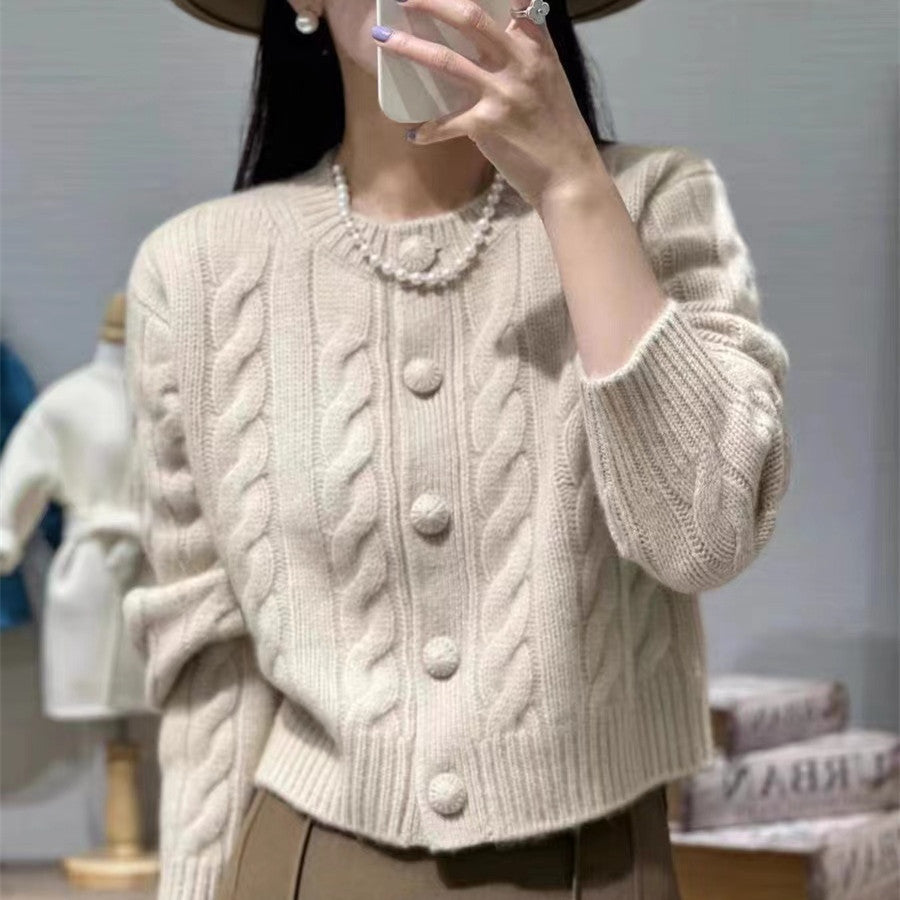 Lazy Round Neck Knitted Soft Glutinous Wool Cardigan Sweater Coat For Women