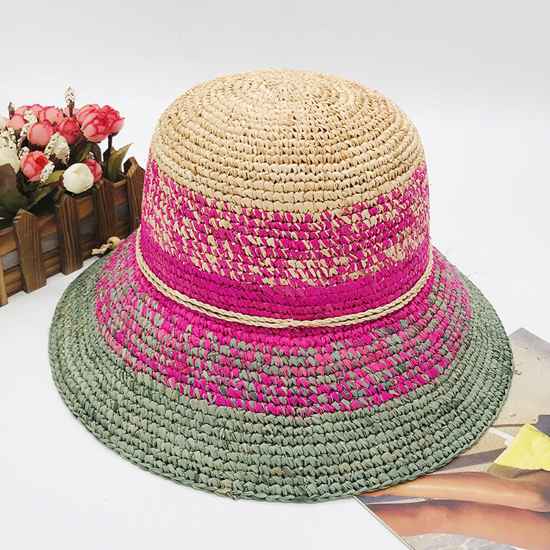 Raffia Crochet Shade Dome Flat Brim Women's Woven Straw Hat
