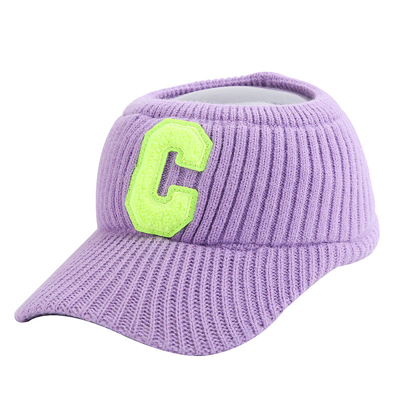 Female C Letter Fleece Warm Empty Top Knitted Baseball Hat