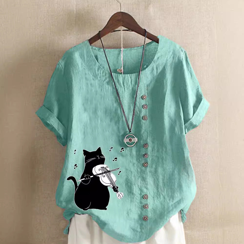 Summer Cotton And Linen Short Sleeve Top Cartoon Printed T-shirt