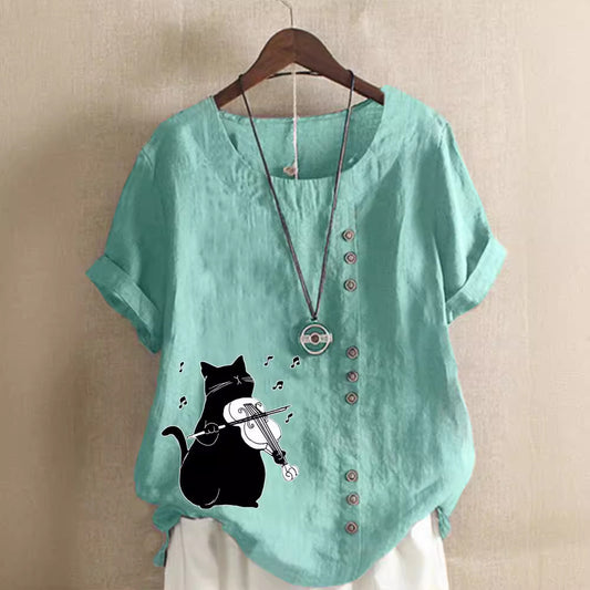 Summer Cotton And Linen Short Sleeve Top Cartoon Printed T-shirt