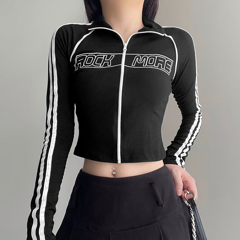 Reverslynlås Kontrastfarvet Fletværk Syning Langærmet Sweater Basic Slim Fit Hot Girl Bogstav Efterår Vinter Jakke