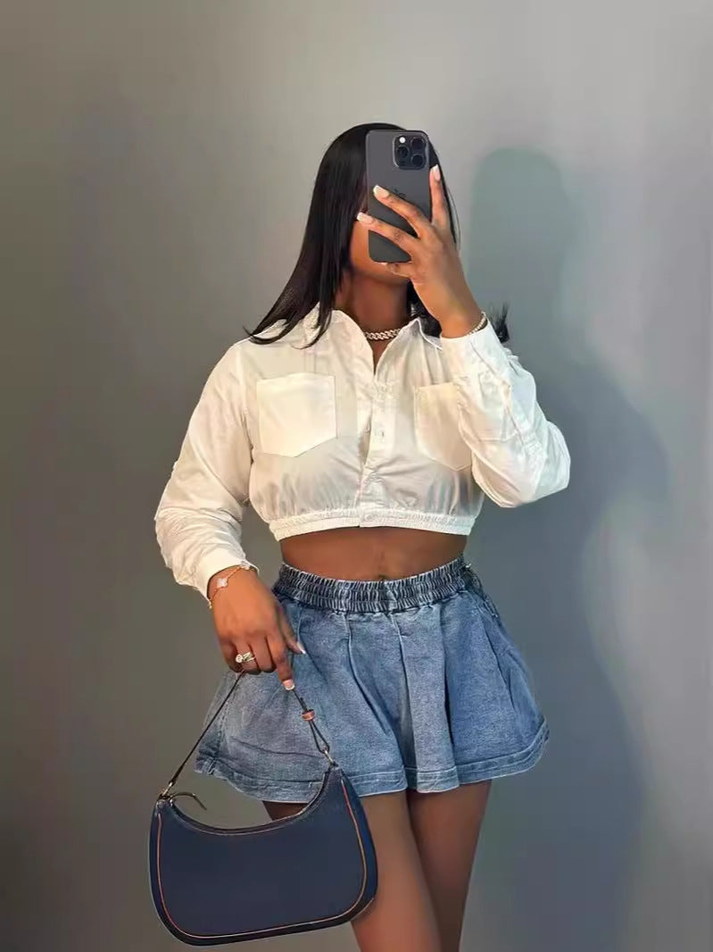 Women's Fashion All-matching Solid Color High Waist Crimp Denim Skirt