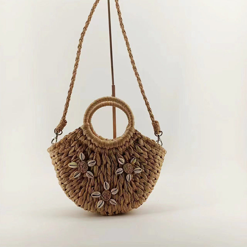 Straw Braided Bag Hand-held Half-round Shell Woven