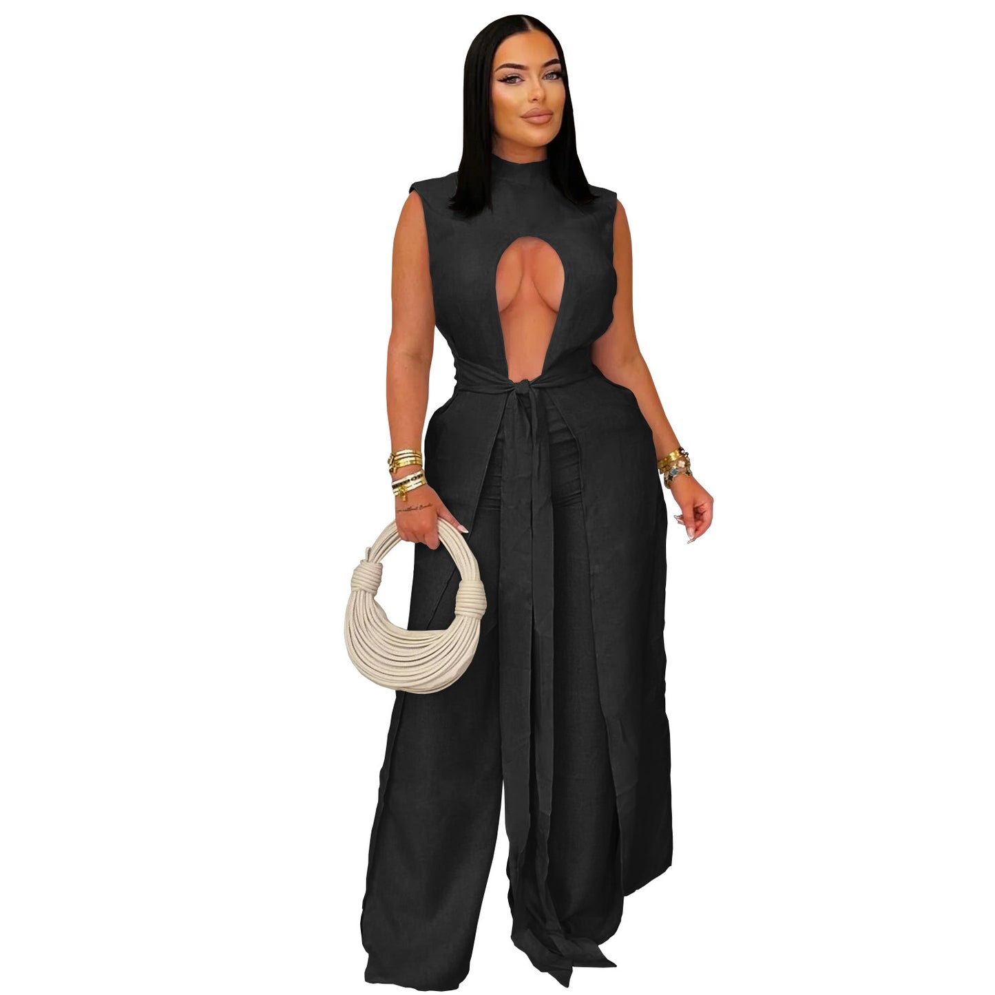 Fashion Women's Wear Sexy Solid Color Lace-up Sleeveless Trousers Suit