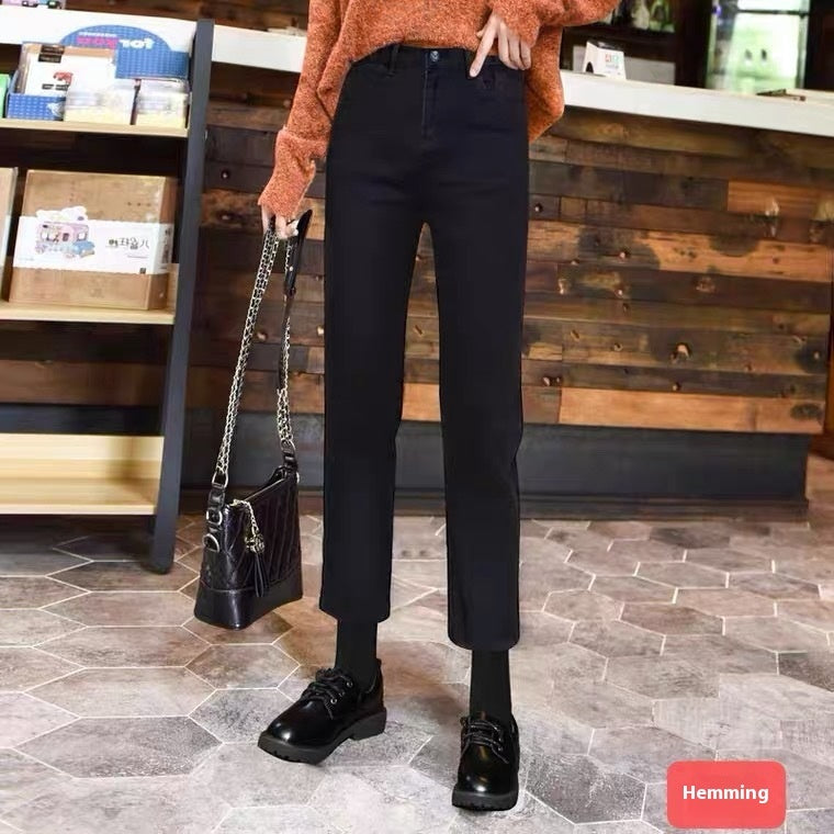 Højtaljede slankende cropped lige jeans til forår og efterår