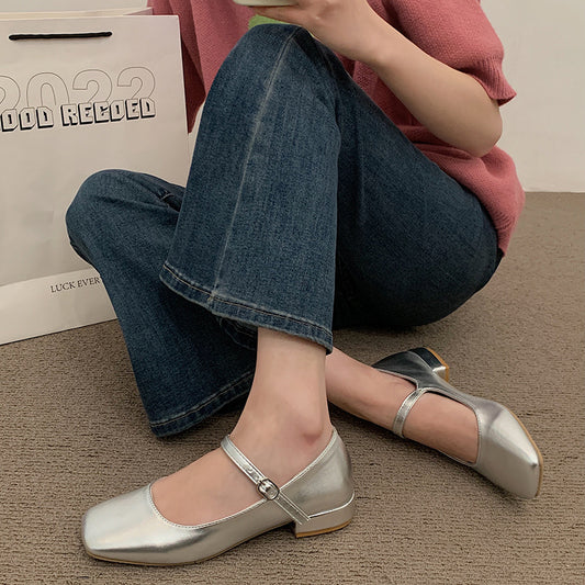 Vintage Silver French Thick Heel Mary Jane Shoes