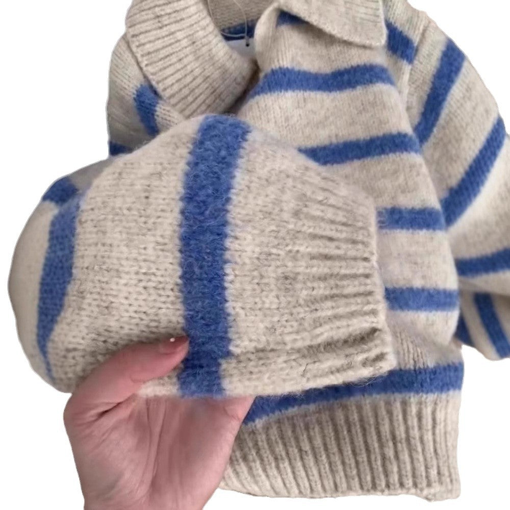 Blue Striped Polo Lapel Long Sleeve Soft Glutinous Sweater