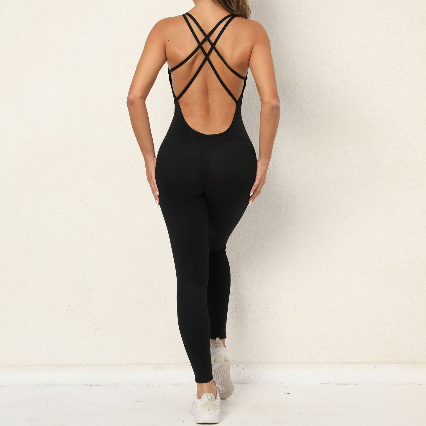 Yogajumpsuit med krydsrem-rygdesign Hurtigtørrende tætsiddende løbe- og sportsfitnessbukser Moderigtige sømløse leggings til kvinders tøj