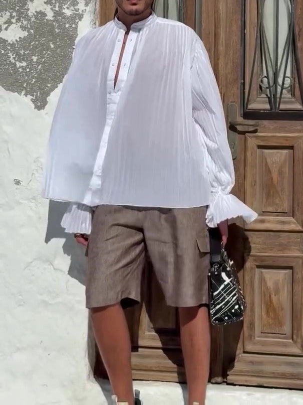 White Retro Stand-Collar Pleated Shirt