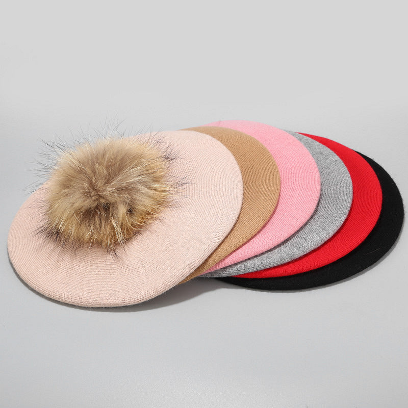 Ins Hat New Real Hair Ball Beret Women