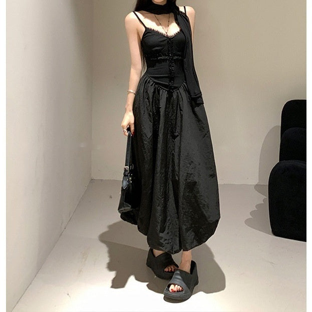Black Cross Sling Waist Slimming Shirt Dress