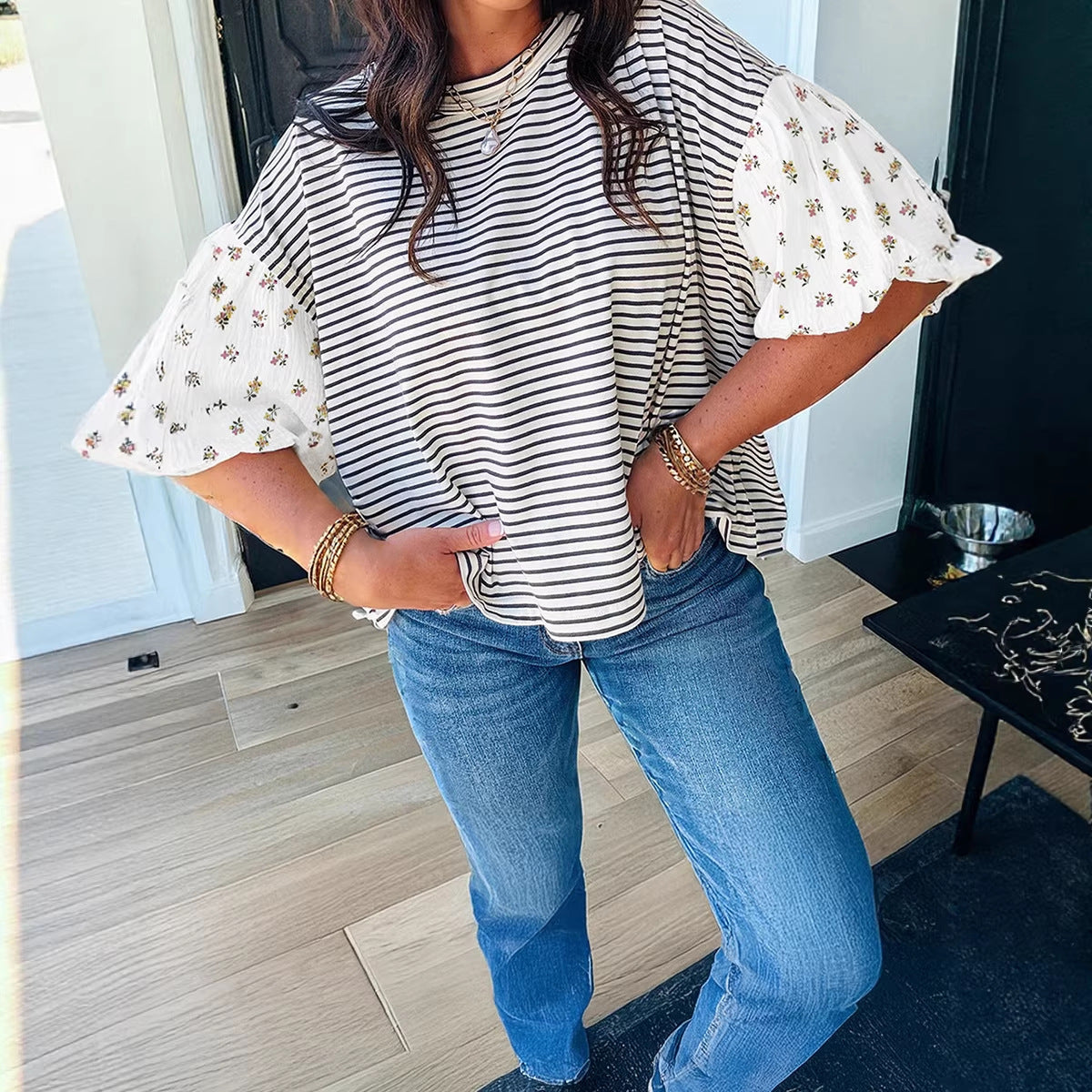 Womens Casual Striped Patchwork Loose T-Shirt