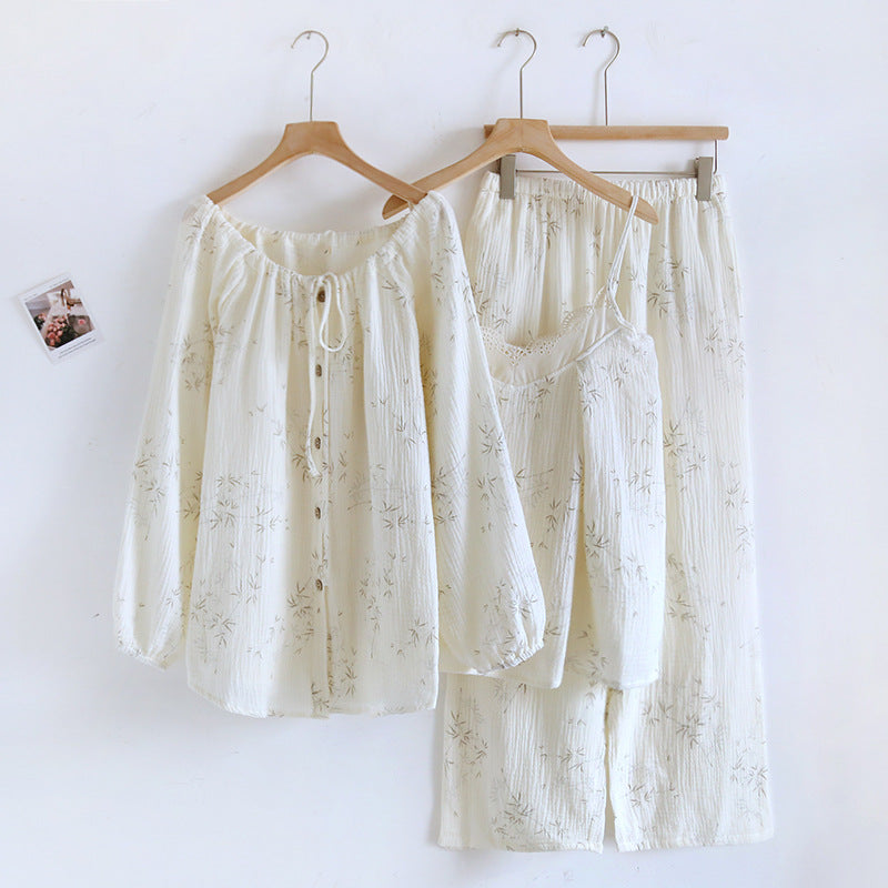 New Cotton Crepe Three-piece Pajamas Women's Homewear Suit