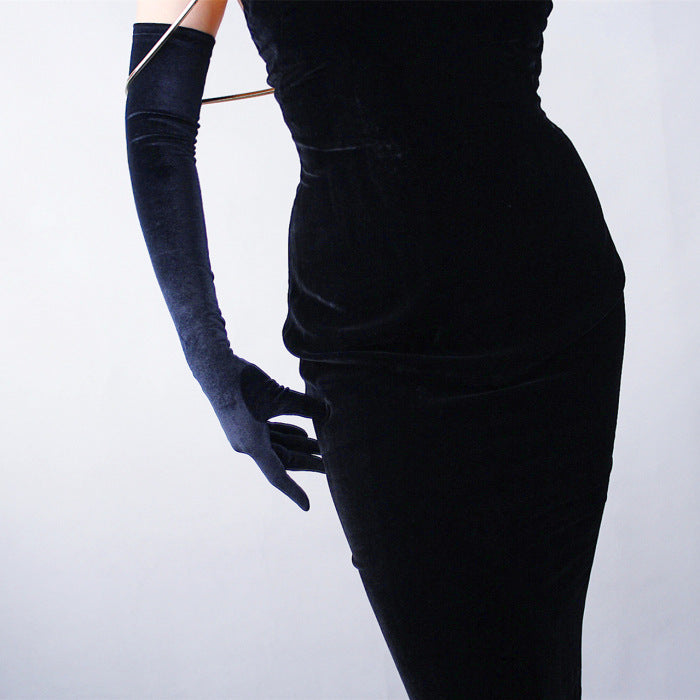 Black Velvet Gloves 60CM Extra Long Elbow Evening Dress High Elasticity
