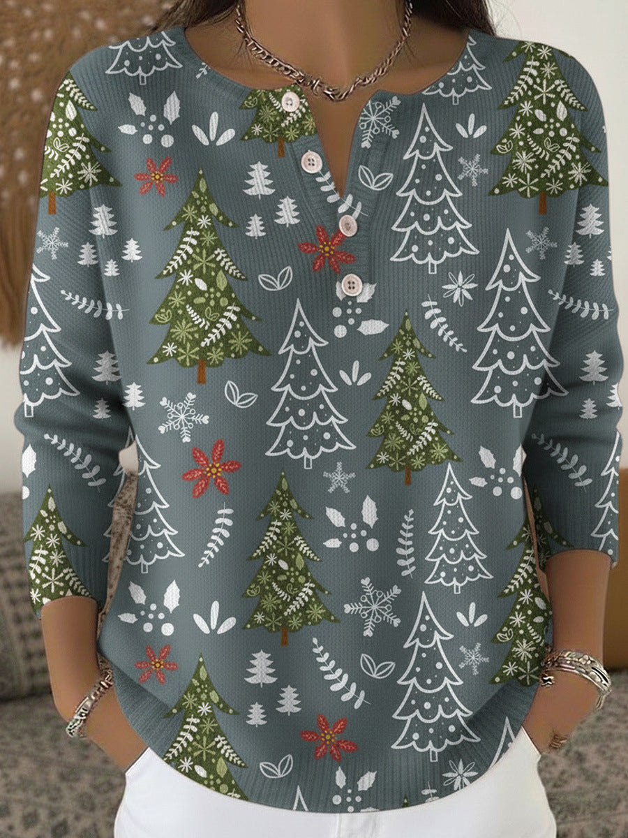 Retro Christmas 3D Digital Printing Four-button Stand Collar T-shirt