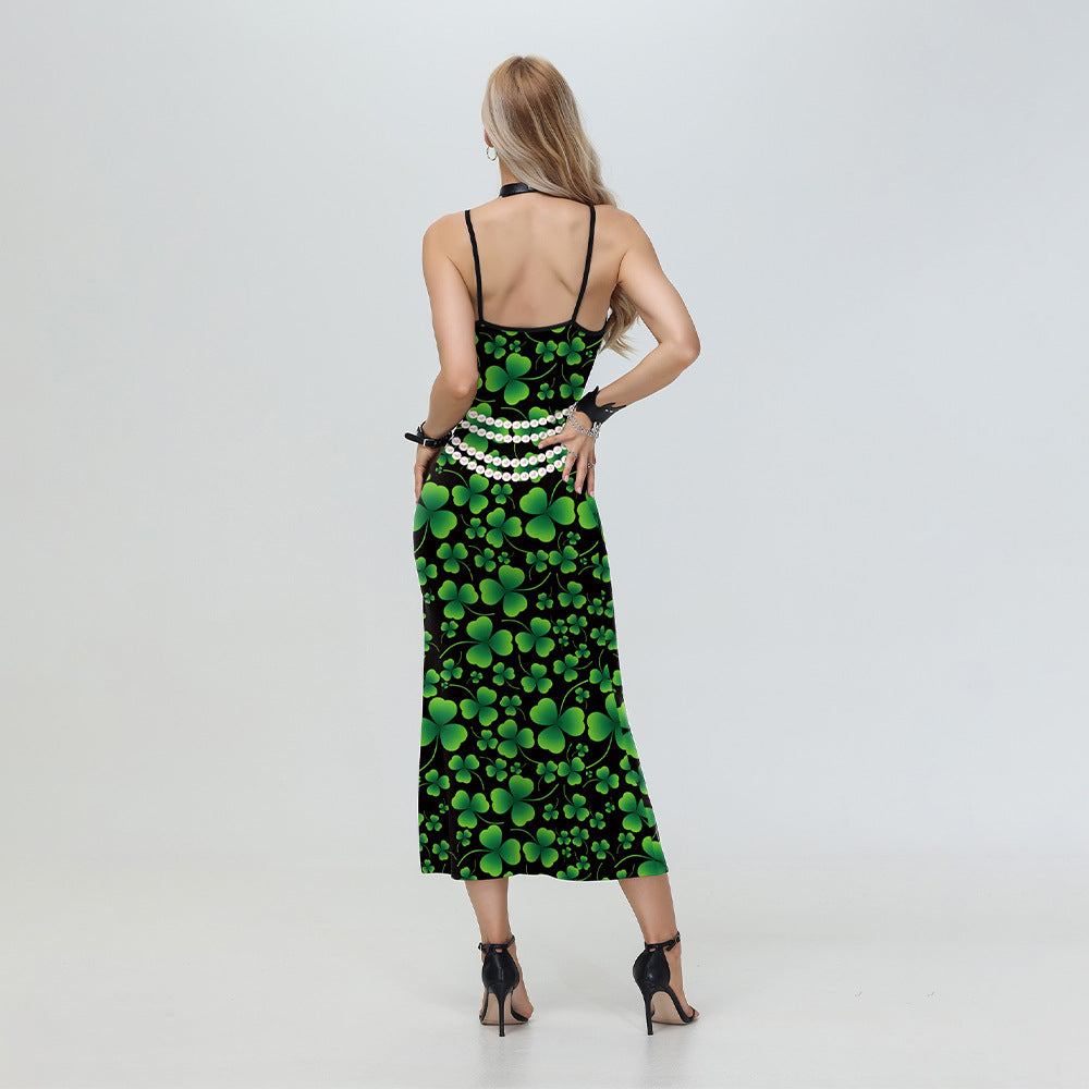 New Arrival Green Leaves 3D Digital Print Slip Dress For Women