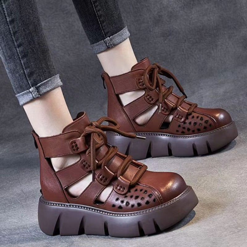 Women's Platform Sandals All-matching Hollow Hole Hole Shoes Fashion Soft Leather Cowhide Sandal Boots