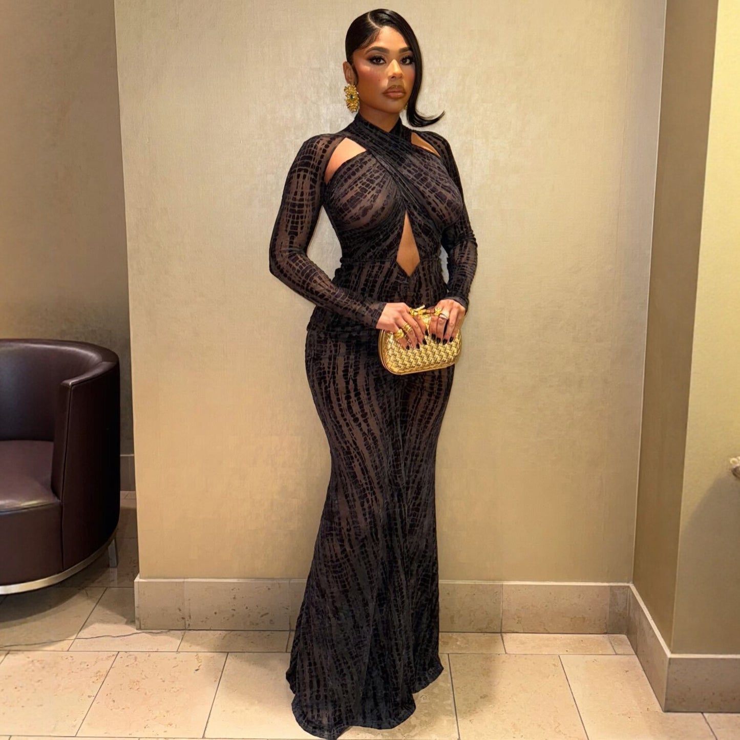 Solid-color Slim-fit Crossover-neck Sexy Evening Gown Maxi Dress