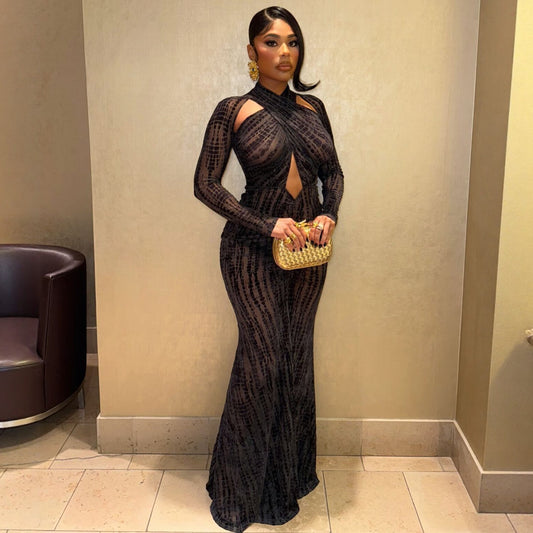 Solid-color Slim-fit Crossover-neck Sexy Evening Gown Maxi Dress