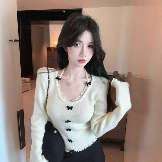 Bowknot Knitted Sweater Women's Autumn And Winter Pure Desire Halter Top
