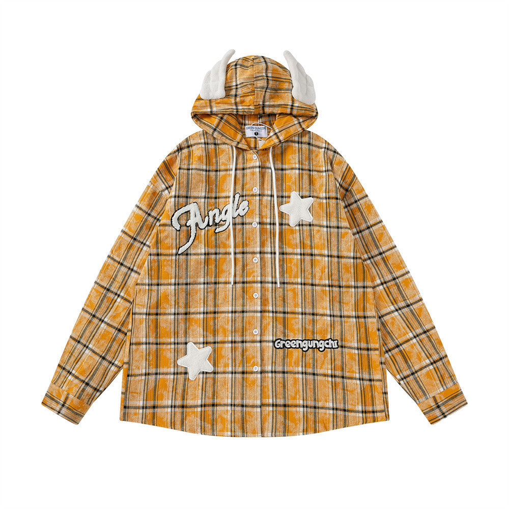 Letter XINGX Embroidered Hooded Plaid Shirt