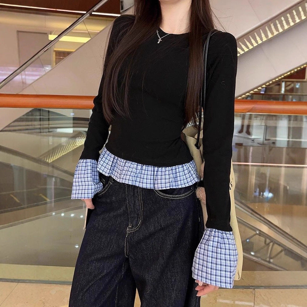 Stitching Dralon Warm Long Sleeves Female Slim Fit Slimming Top