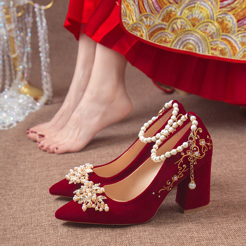 Wine Red Pointed Toe Chunky Heel Wedding Shoes For Women