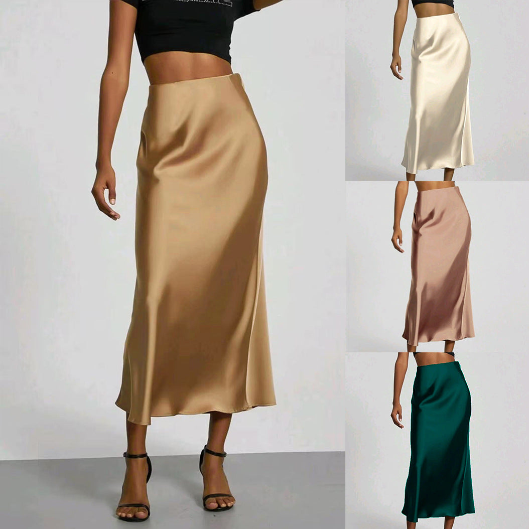 Dame Slim Fit Satin Nederdel Mode Smart Ensfarvet Lang Nederdel