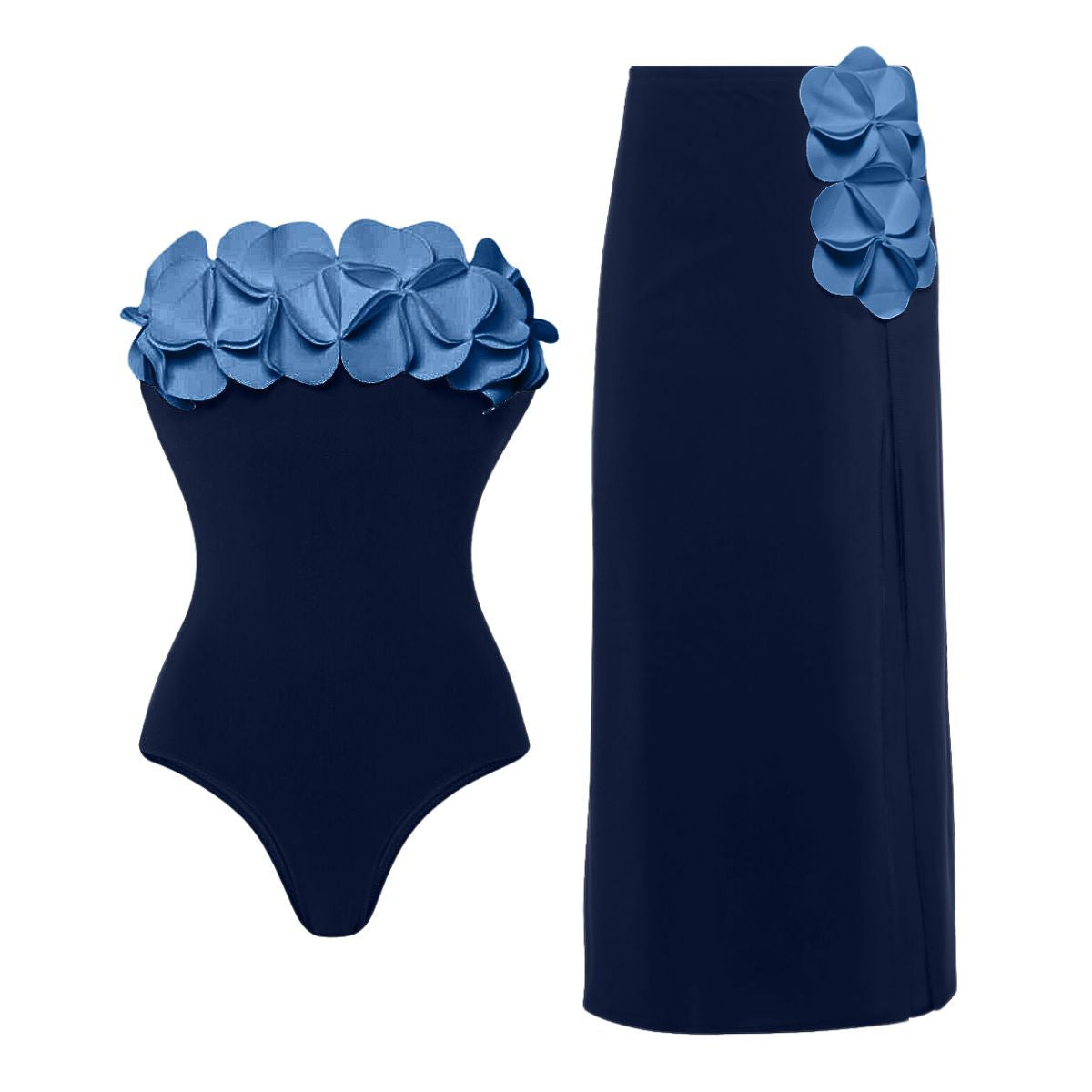 Green Bandeau One Piece Swimsuit With Wrap Skirt Set