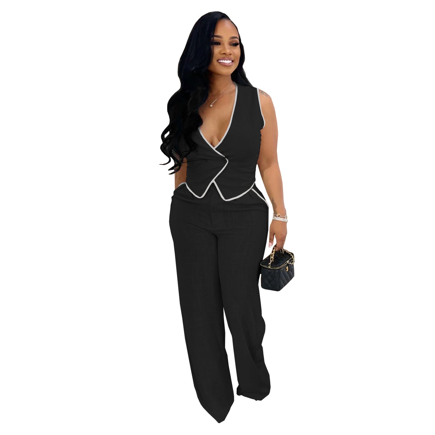 Casual V-neck Button-up Top And Pants Two-piece Set