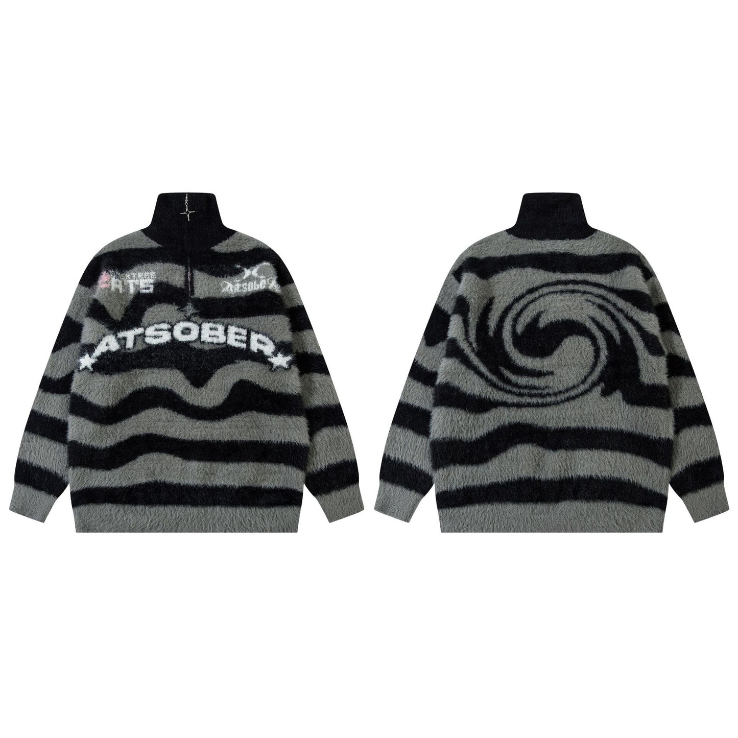 Autumn American Striped Half Zipper Mink Fur Knitted Sweater For Women