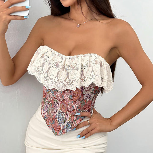 Retro Jacquard Oil Painting Patchwork Lace Sexy French-style Fishbone Vest
