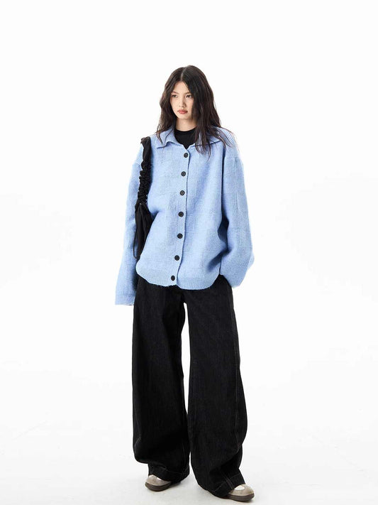 American Retro Blue Plaid Cardigan Sweater