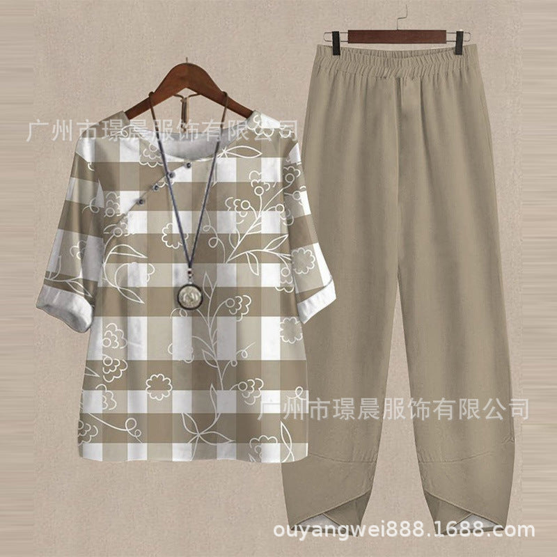 Women's Five-quarter Sleeve Printed Top Two-piece Pants