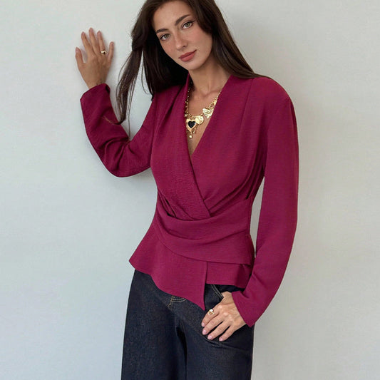 French Style Solid Color Long Sleeve Shirt Waist Slimming