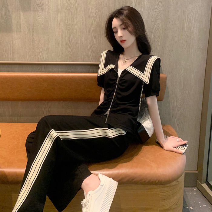 Women's Turn-down Collar Short Sleeve Slim-fit Wide-leg Pants Two-piece Set