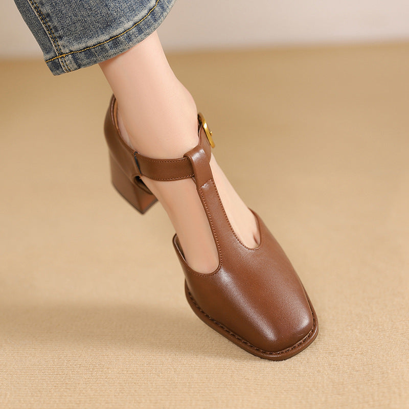 Women's Square Toe T-buckle Hollow Sandals
