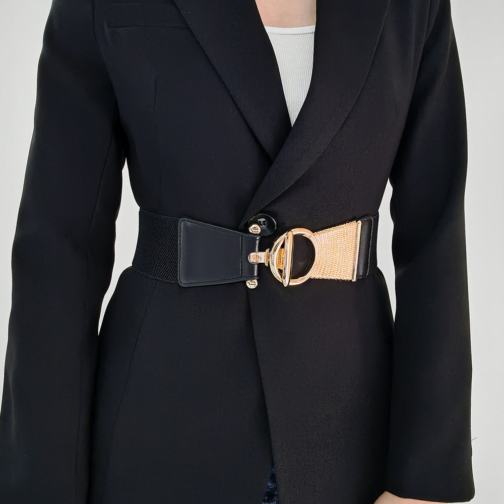 The New Girdle In Autumn And Winter Is Decorated With Black Metal Buttonhead And Skirt Coat