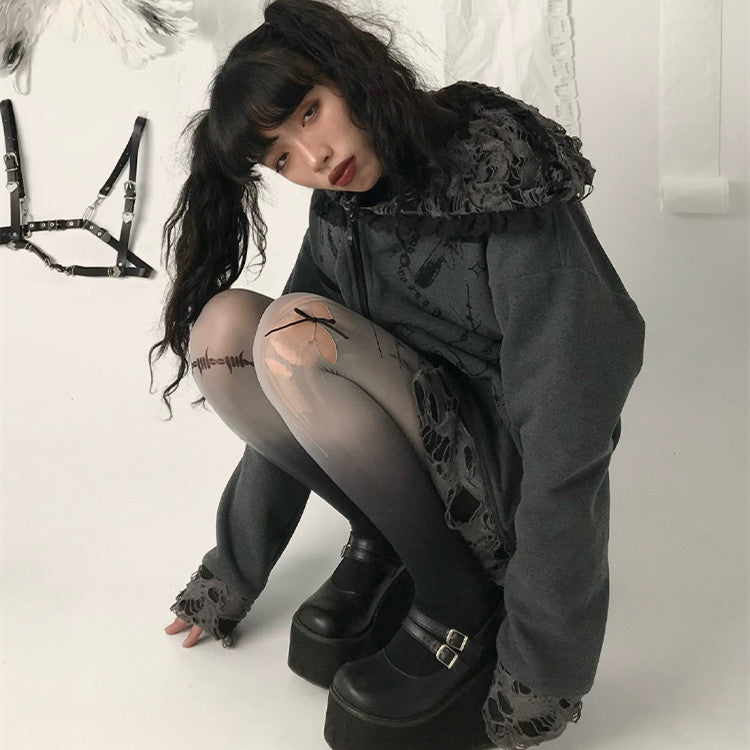 Dark Subculture Hooded Zip Ripped Sweatshirt Jacket