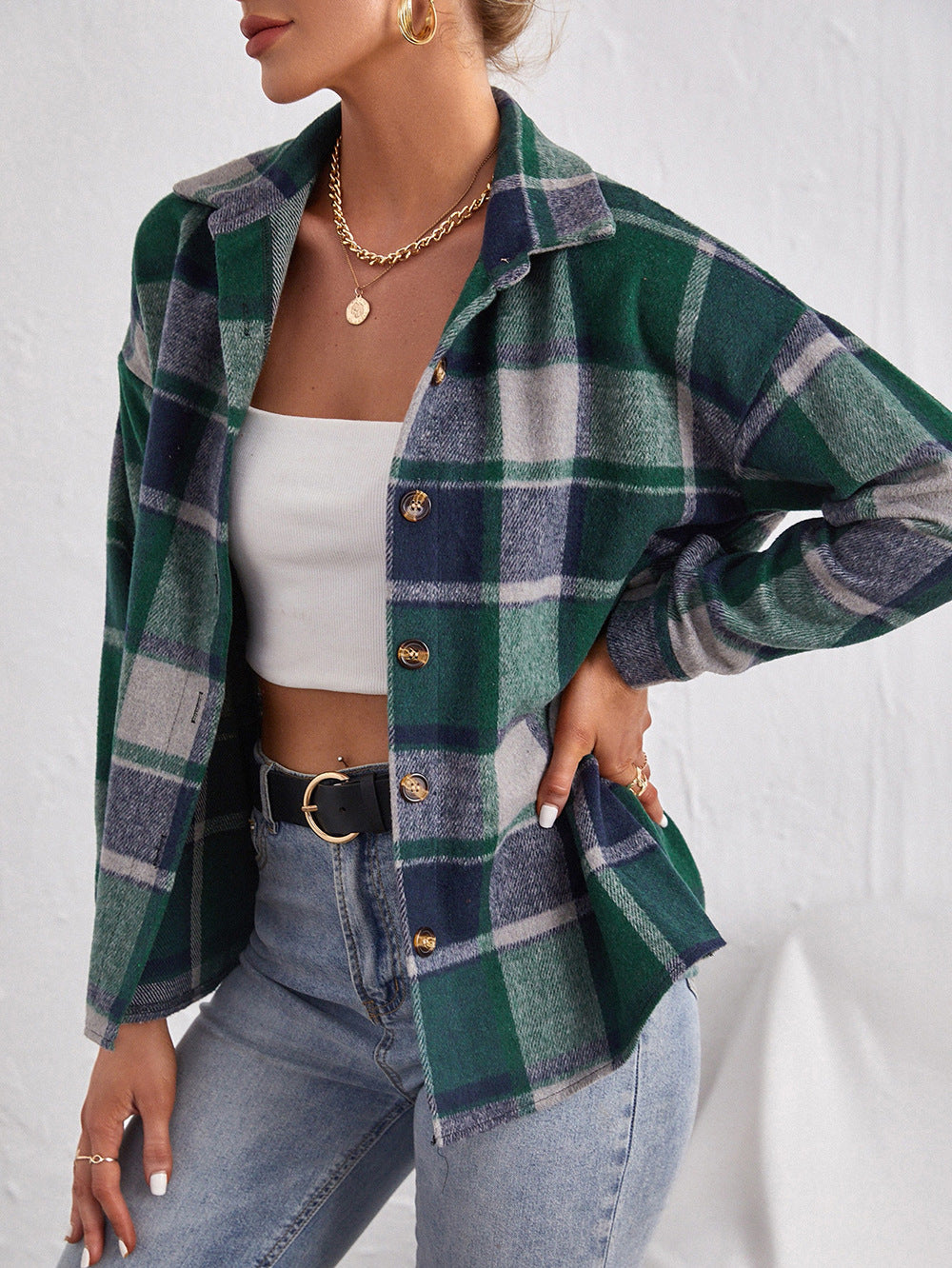 Lapel Single Breasted Cardigan Plaid Woolen Temperament Commute