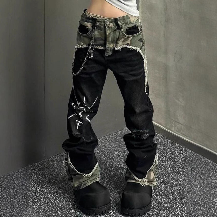 American Street Retro Camouflage Stitching Jeans