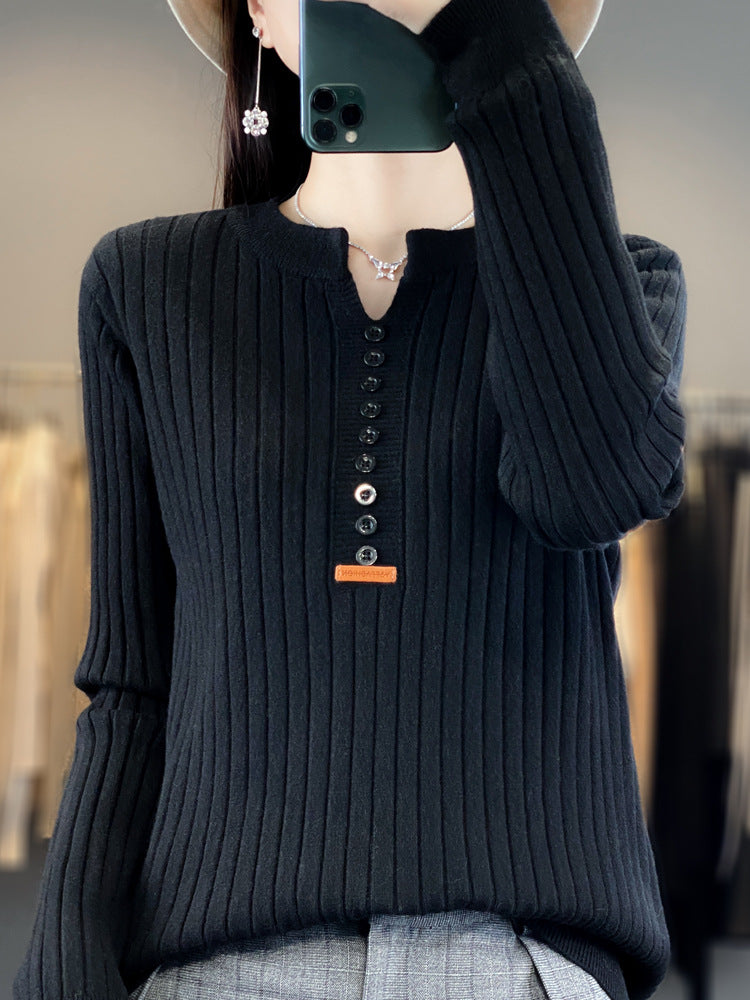 Long Sleeve Round V-neck Sweater Solid Color