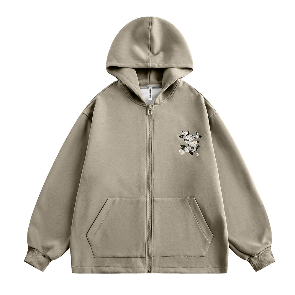 Small Floral Vine Embroidery Hooded Loose Coat
