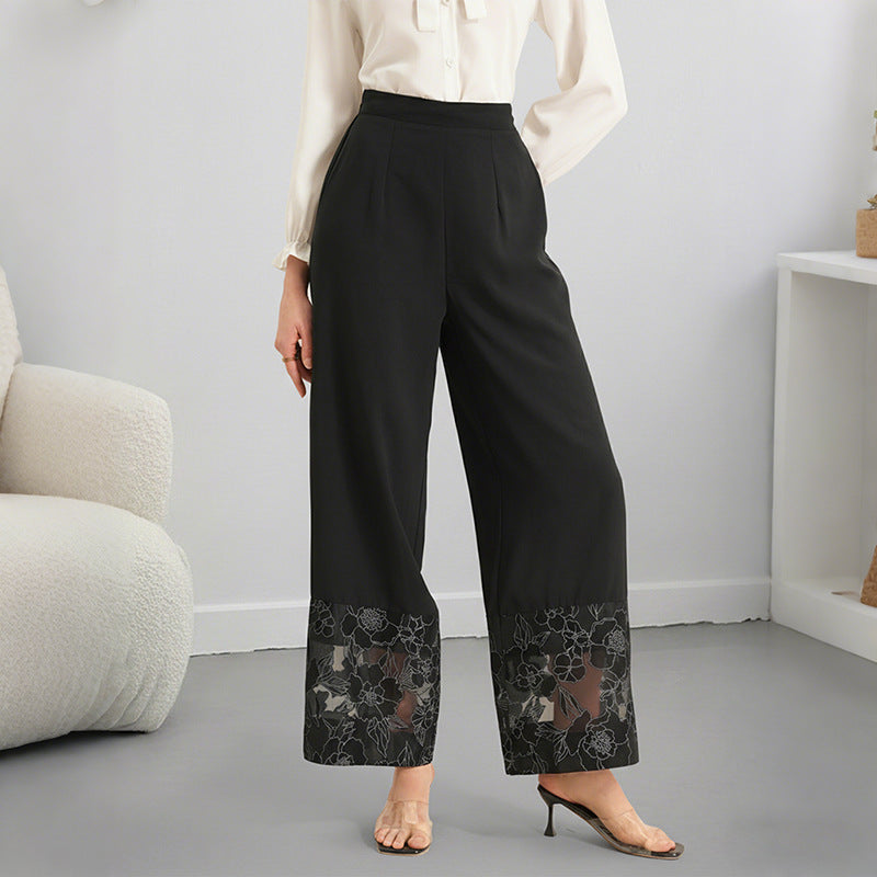 Solid-color Sheer Lace-panel Straight-leg Pants For Women