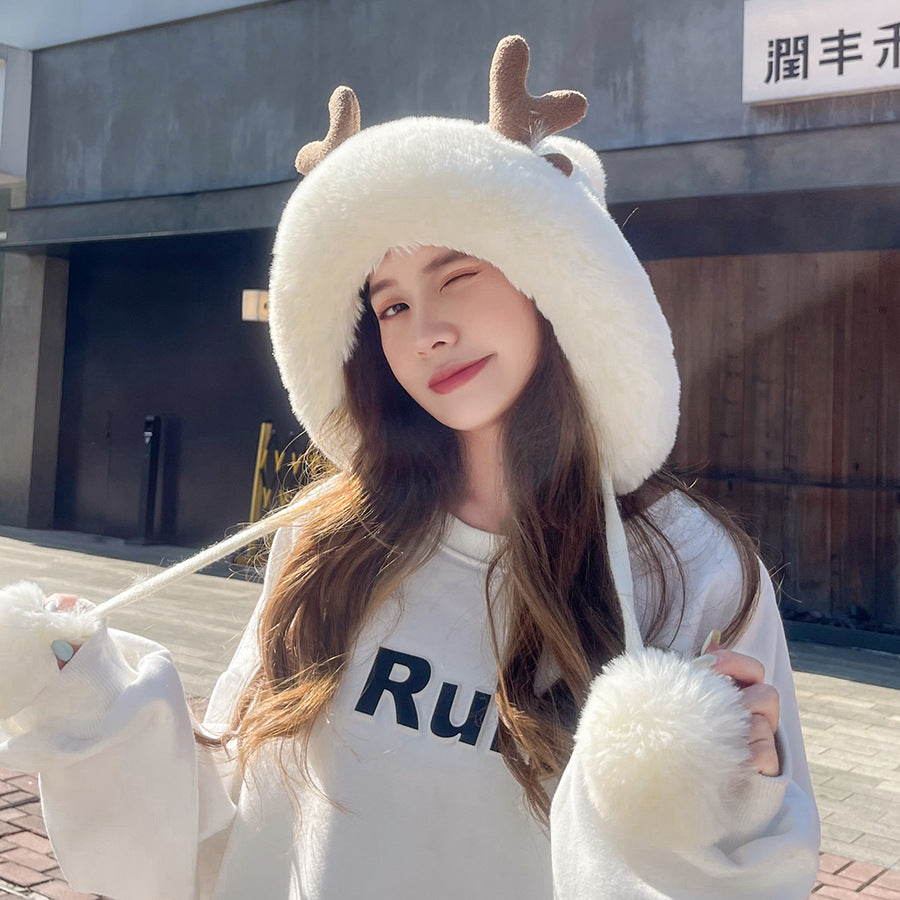 Cute Plush Antler Knitted Hat With Three Hair Balls