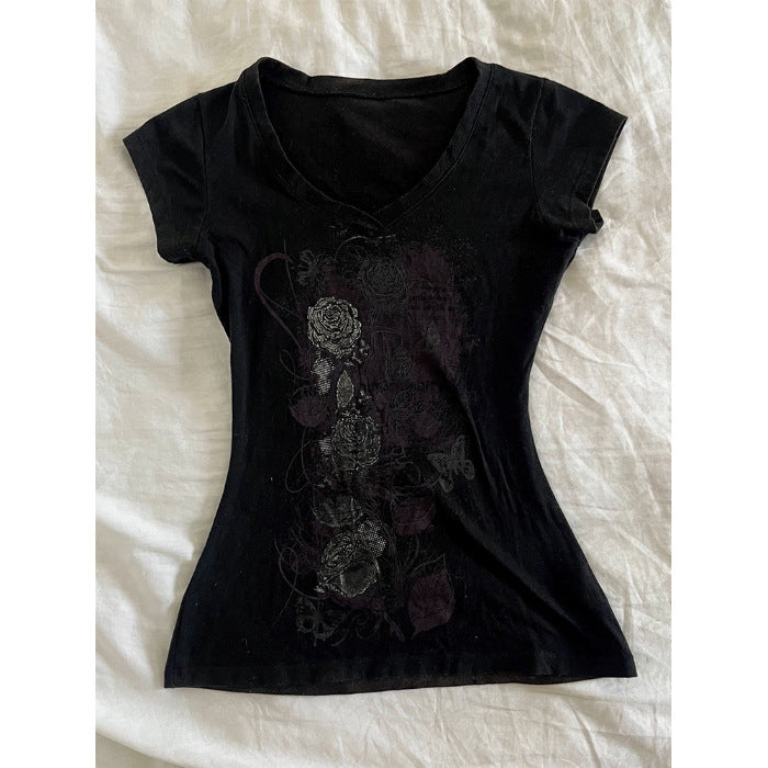 Printed Straight-shoulder Short-sleeve T-shirt With A Fitted Waist