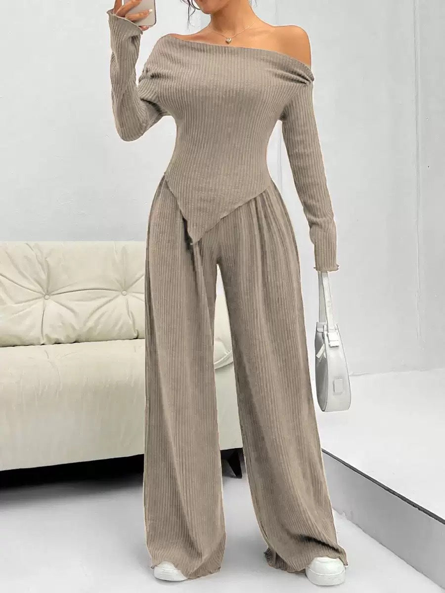 Solid-color Elegant Off-shoulder Sleeveless Shirt And Wide-leg Pants Set For Women